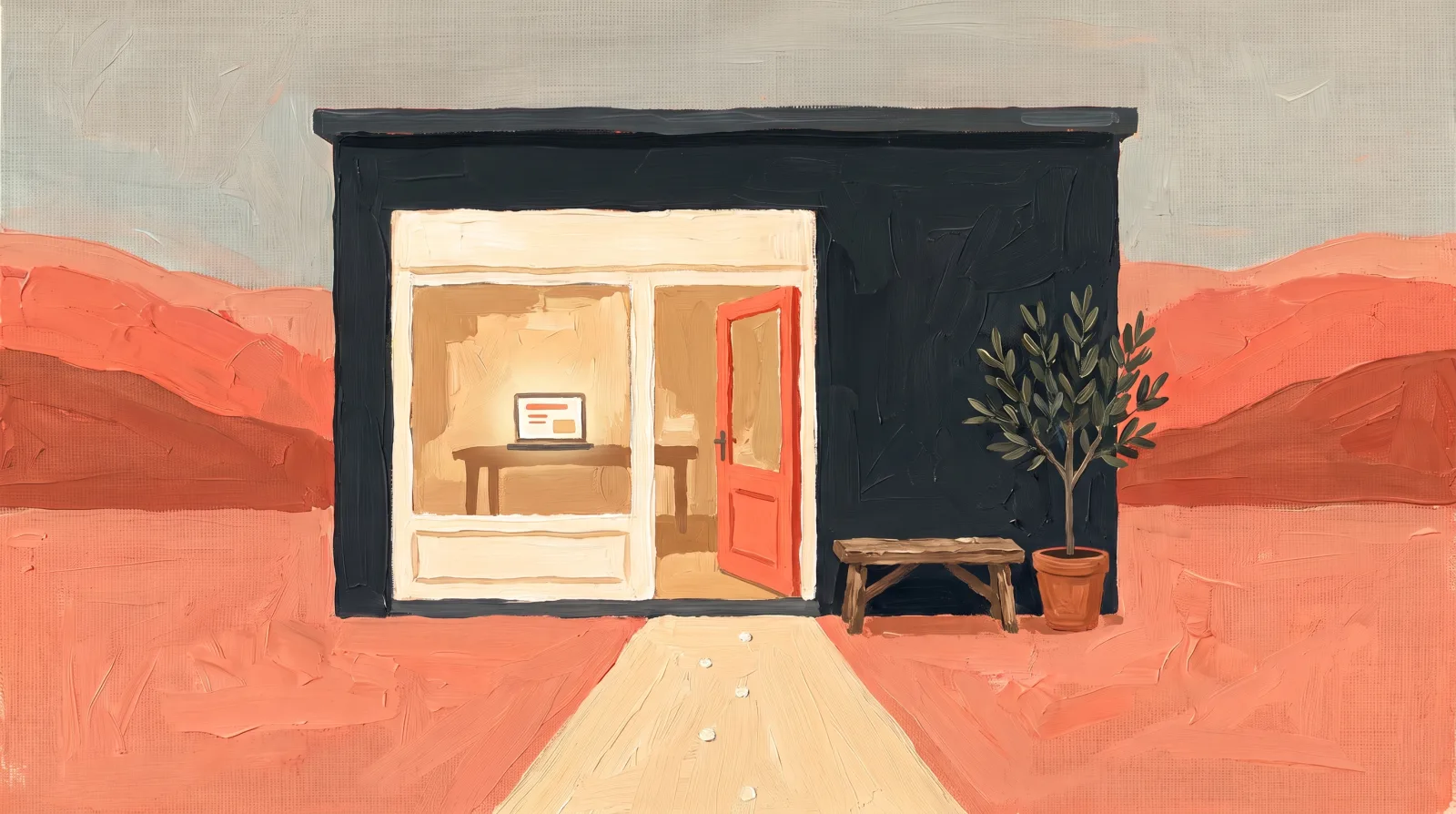La vitrine d'un petit atelier, porte corail ouverte, la route qui y mène