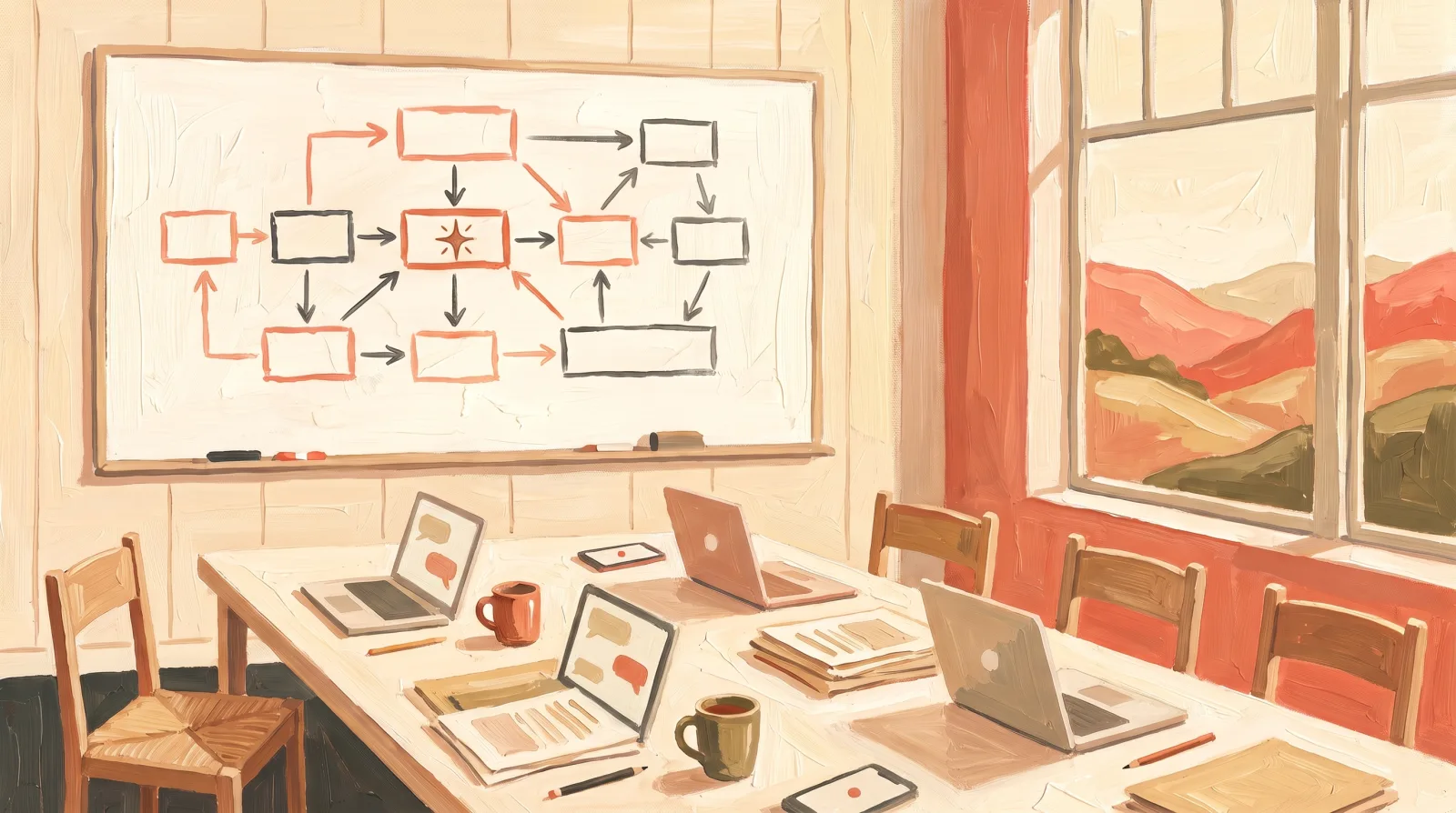 Une salle de formation, un tableau couvert d'un schéma